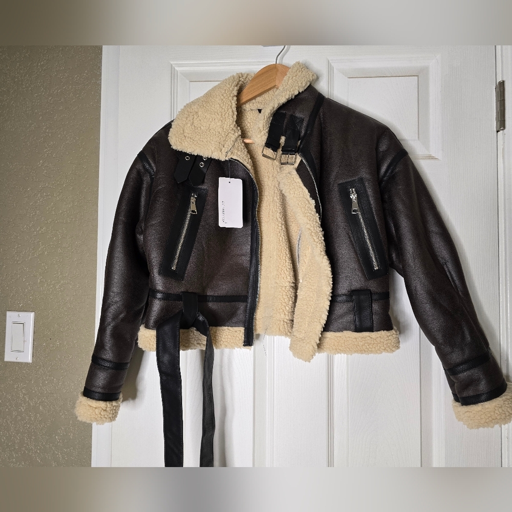 NWT! Ly Varey Lin Faux Lamb Bomber Jacket - Brown, Small